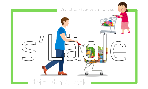 In diesem Bild bzw. Logo auf schwarzem Hintergrund sind zwei gezeichnete Personen mit Einkaufwagen abgebildet. Im oberen Teil ist der Slogan: (Frische. Genuss. Dahoim.), im mittleren Teil der Name (s'Lädle) und im unteren Bereich die Domain der Webseite (dein-sbmarkt.de) angebildet.