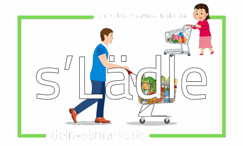 Unser Logo, dieses auf weißem Hintergrund erstellt, darauf sind zwei gezeichnete Personen mit Einkaufwagen abgebildet. Im oberen Teil ist der Slogan: (Frische. Genuss. Dahoim.), im mittleren Teil der Name (s'Lädle) und im unteren Bereich die Domain der Webseite (dein-sbmarkt.de) dieses umrandet, mit einem grünen Rahmen abgebildet ist.