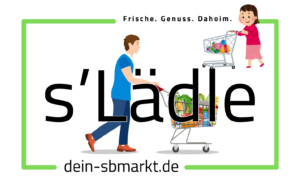 Unser Logo, dieses auf weißem Hintergrund erstellt, darauf sind zwei gezeichnete Personen mit Einkaufwagen abgebildet. Im oberen Teil ist der Slogan: (Frische. Genuss. Dahoim.), im mittleren Teil der Name (s'Lädle) und im unteren Bereich die Domain der Webseite (dein-sbmarkt.de) dieses umrandet, mit einem grünen Rahmen abgebildet ist.